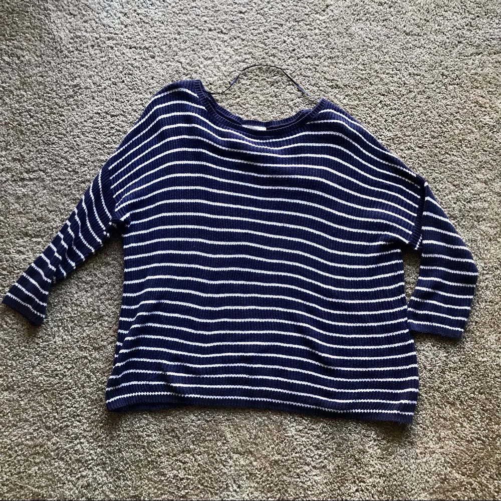 LOFT Navy and White Knit 3/4 Sleeve Sweater